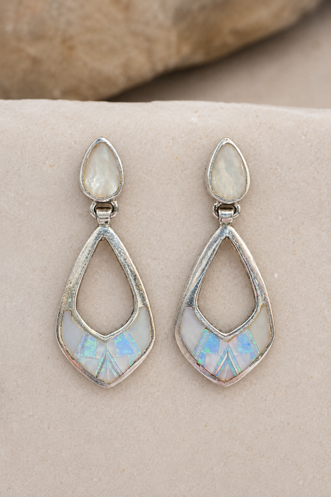 Sterling Silver Handmade Navajo Mother of Pearl and Opal Earrings