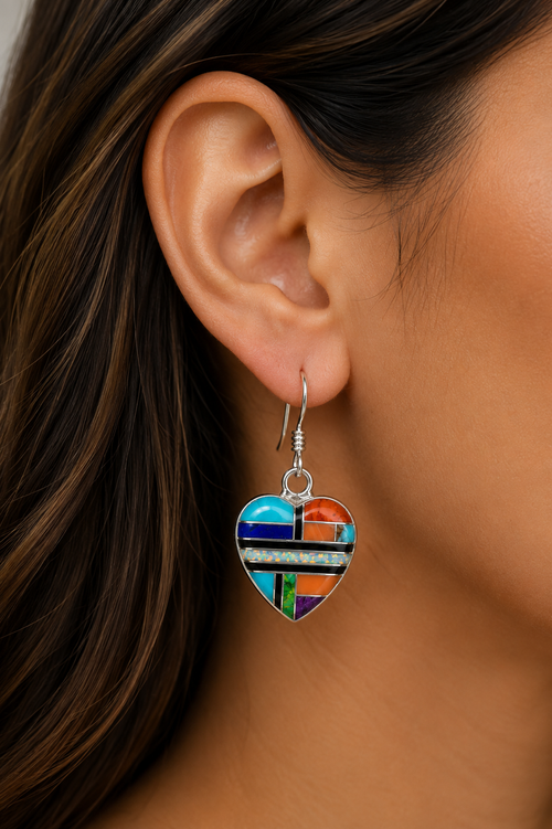 Sterling Silver Heart Earrings with Newlander Turquoise, Spiny Oyster, Lapis, Opal, Gaspeite, Sugilite & Black Jade