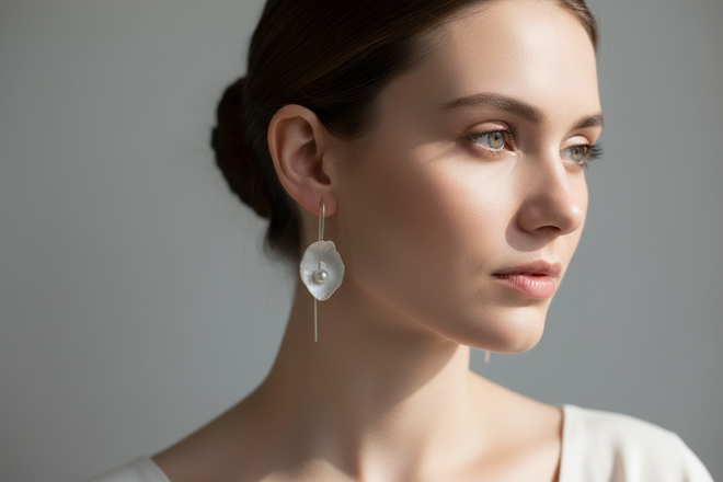 Handmade Sterling Silver Shell Earrings with Freshwater Pearl — Long French Hook