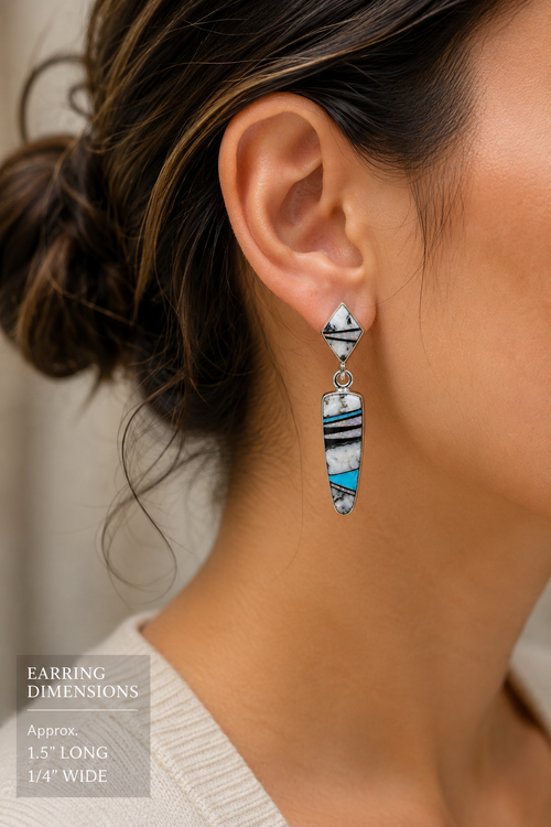 Stone Inlaid Buffalo Turquoise Earrings on Model