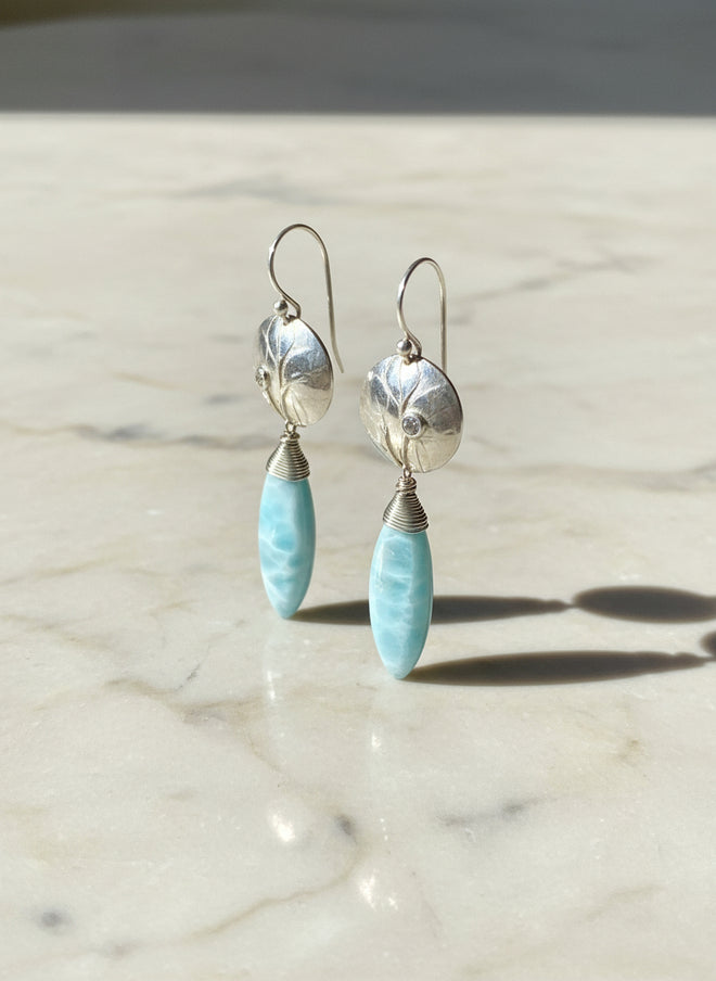Handmade Larimar Earrings with 2mm Diamonds