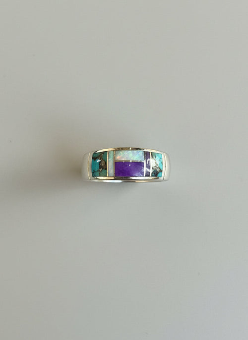 Sugilite, Turquoise & Opal Ring - Navajo Stone Inlaid