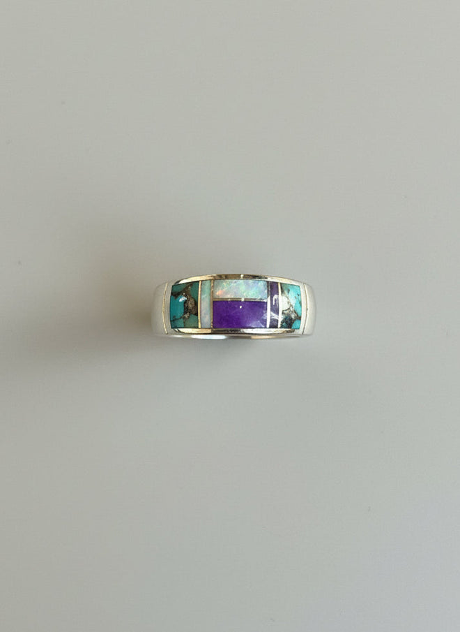 Sugilite, Turquoise & Opal Ring - Navajo Stone Inlaid
