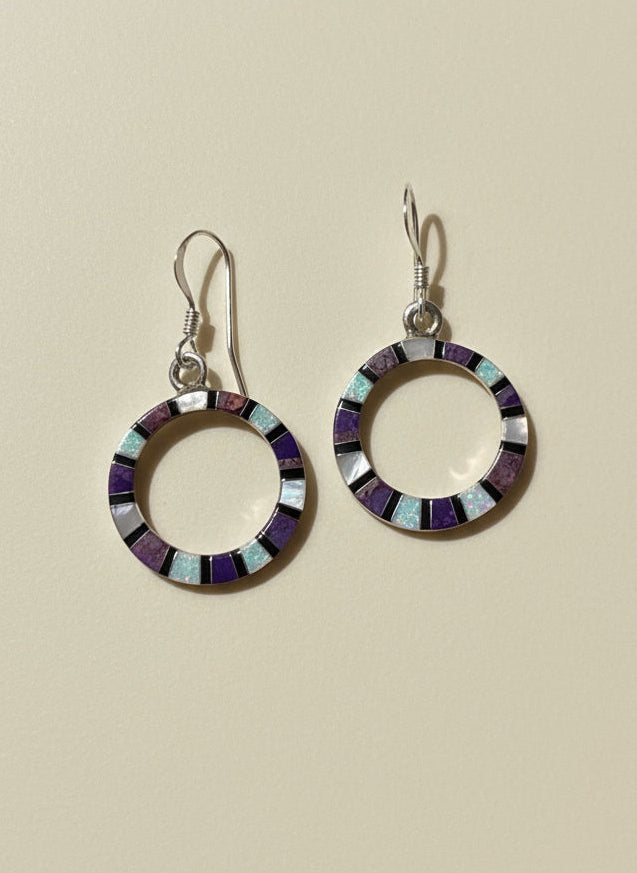 Sugilite, Mother of Pearl & Opal Circle Drop Dangle Earrings