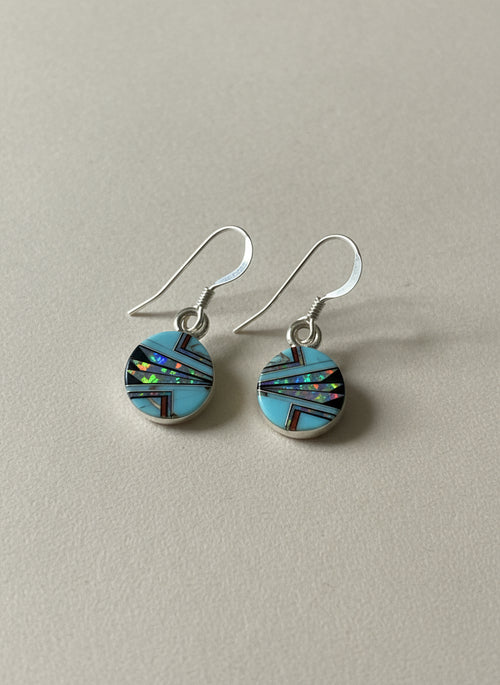 Turquoise, Opal, Spiny Oyster & Black Jade Round Drop Dangle Earrings