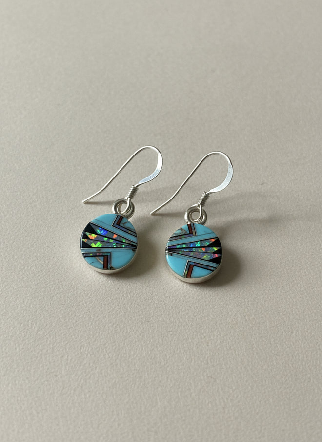 Turquoise, Opal, Spiny Oyster & Black Jade Round Drop Dangle Earrings