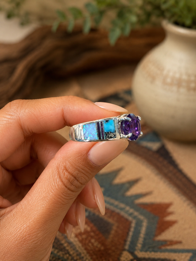 Turquoise, Opal and Amethyst Navajo Ring