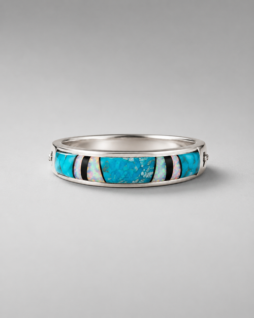 Turquoise opal and black jade navajo stone inlaid ring