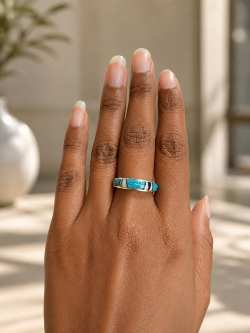 Turquoise opal and black jade navajo stone inlaid ring on hand