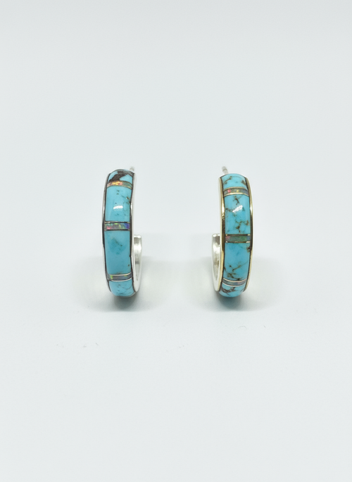 Turquoise & Opal Half Moon Hoop Post Earrings
