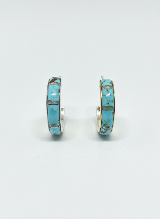 Turquoise & Opal Half Moon Hoop Post Earrings
