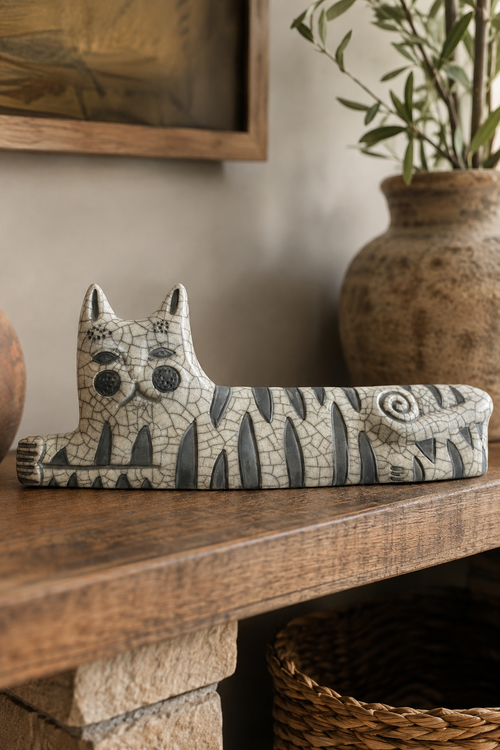 Abstract handmade ceramic cat sculpture with white crackle finish and gray stripe details
