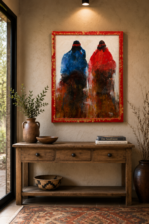Al Clymer Friends Forever original Western figurative artwork displayed in a Southwestern interior