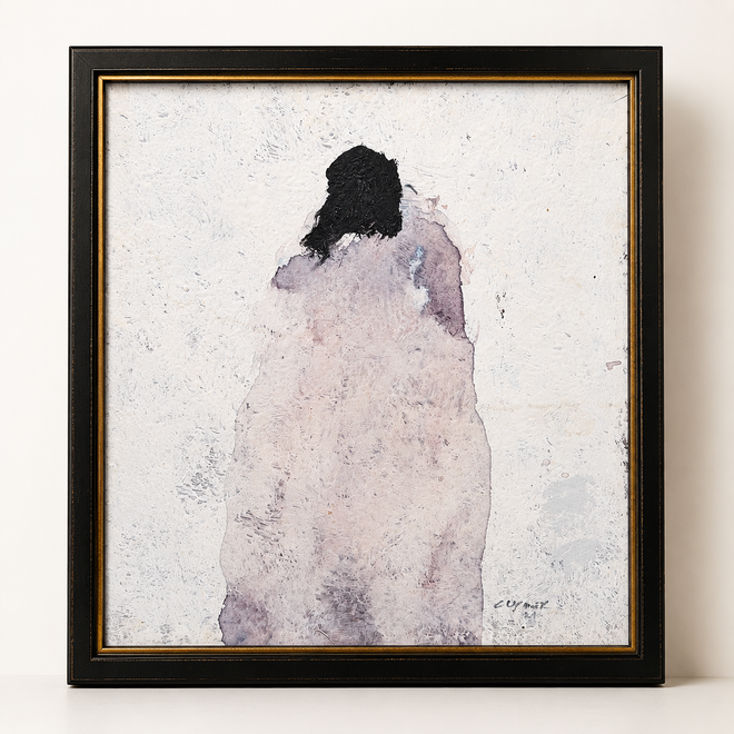 Original Al Clymer figurative painting titled Going Home II on wood panel, framed contemporary Southwest artwork with expressive minimalist composition.
