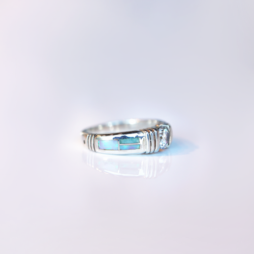 Handmade Native American sterling silver ring with amazonite opal inlay and CZ