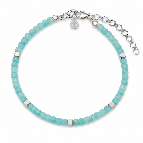 Handcrafted Amazonite bracelet featuring faceted 2.5 mm natural Amazonite gemstones, matte sterling silver cube beads, and an adjustable sterling silver extension chain.