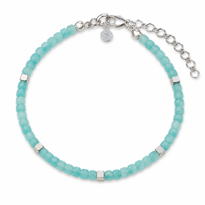 Handcrafted Amazonite bracelet featuring faceted 2.5 mm natural Amazonite gemstones, matte sterling silver cube beads, and an adjustable sterling silver extension chain.