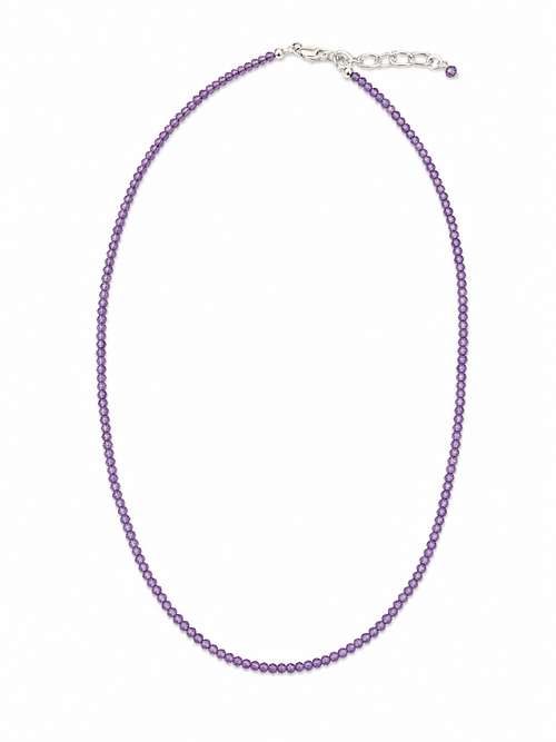 Hand beaded amethyst birthstone necklace with faceted purple gemstones and sterling silver clasp