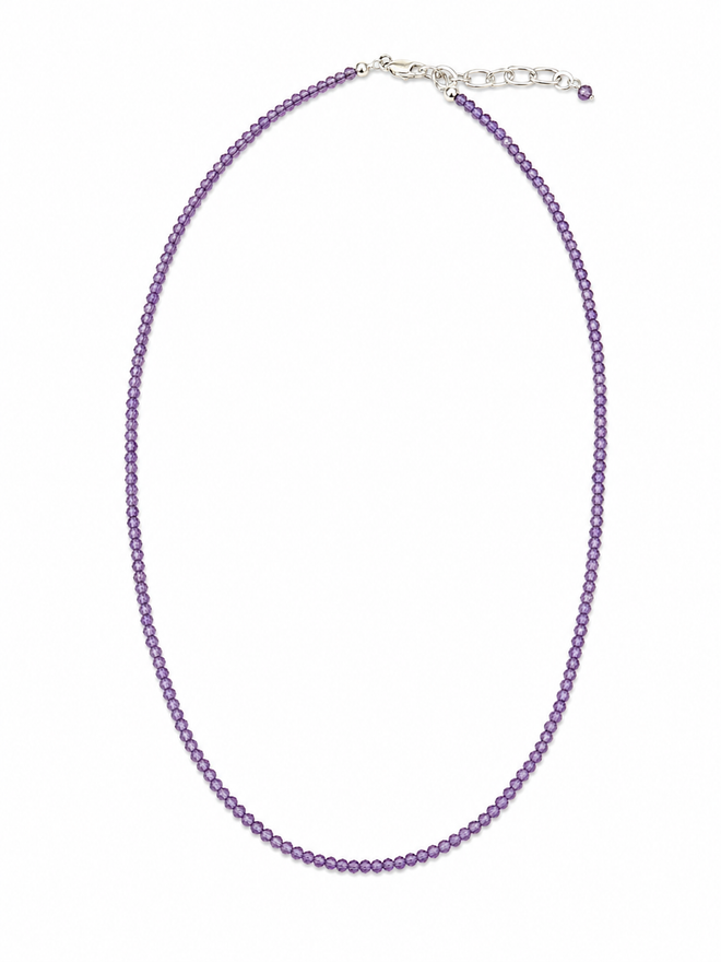Hand beaded amethyst birthstone necklace with faceted purple gemstones and sterling silver clasp