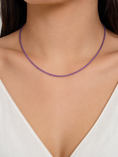 Handmade amethyst necklace worn on model showcasing delicate purple gemstone jewelry purple beaded necklace