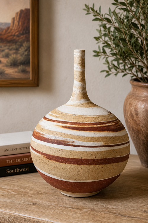 Arizona handmade pottery vase with natural desert swirl pattern in cream, sandy beige and terracotta stoneware clay