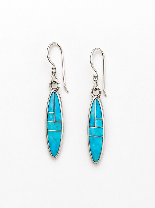 Arizona Kingman Turquoise inlay earrings handcrafted in sterling silver by Navajo artist Marlene Begay