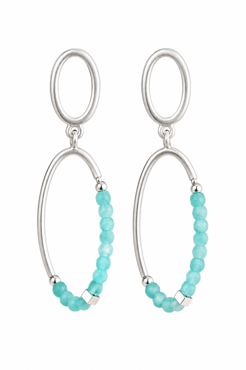 Artisan sterling silver amazonite dangle earrings with matte oval design and genuine blue amazonite beads. Contemporary handmade earrings and unique gift for her.