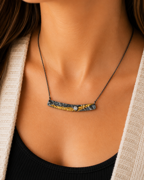 Handmade artisan horizontal sterling silver bar necklace worn elegantly handcrafted in Sedona Arizona