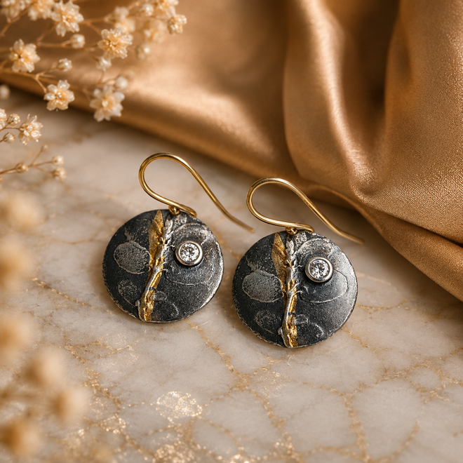 Handmade artisan sterling silver earrings worn elegantly handcrafted in Sedona Arizona with gold accents and sparkling cubic zirconia