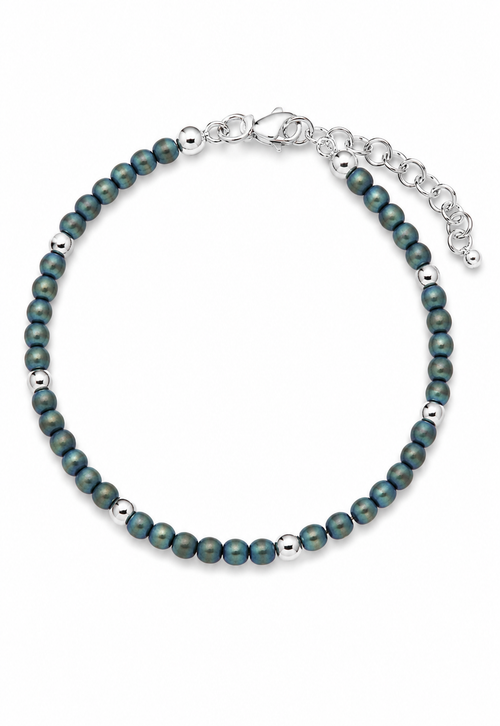 Luxury handmade green-blue hematite beaded bracelet with polished sterling silver beads, adjustable sterling silver clasp, and contemporary artisan design.
