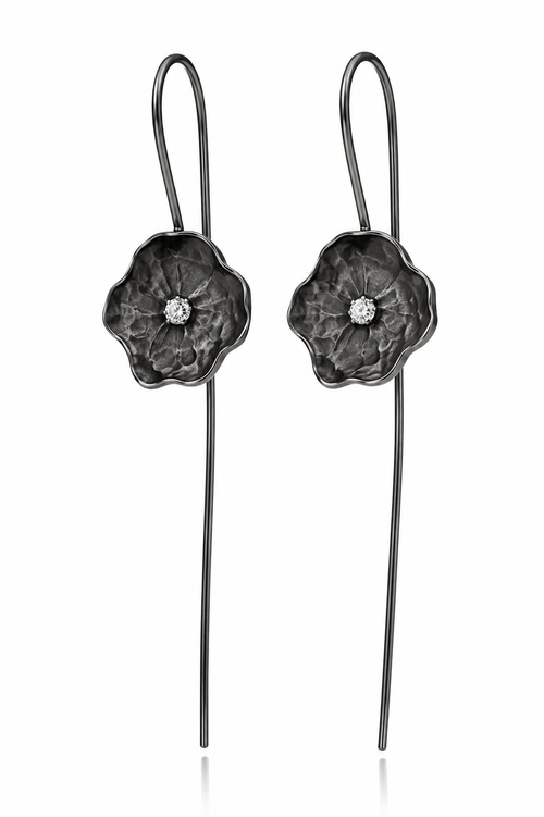 Contemporary oxidized sterling silver flower drop earrings featuring long French hook ear wires and a sparkling 2mm cubic zirconia center.