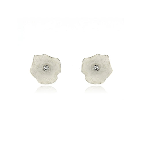 handcrafted sterling silver floral stud earrings with sparkling cubic zirconia in a modern organic petal design.