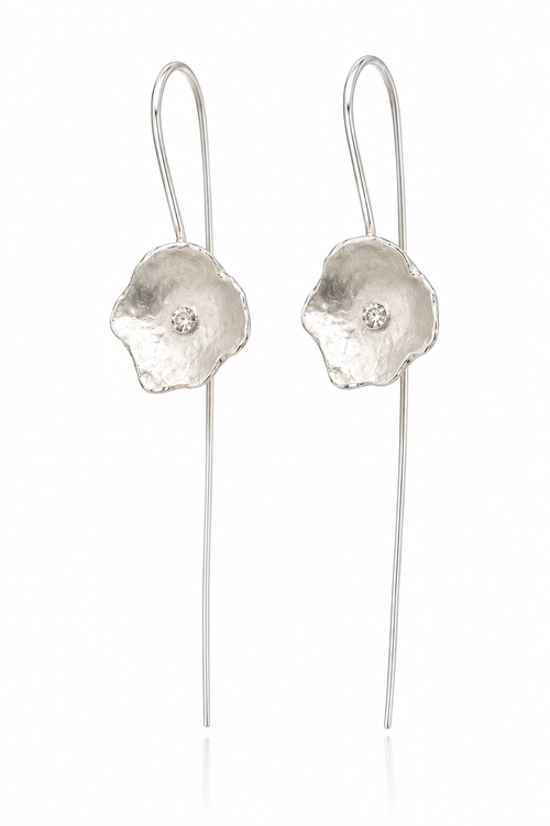 Contemporary handcrafted sterling silver flower earrings with long French hook ear wires and brilliant 2mm cubic zirconia accent.