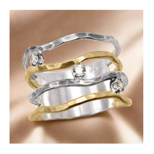 Artisan sterling silver and 14K gold-filled ring with sparkling zirconia stones