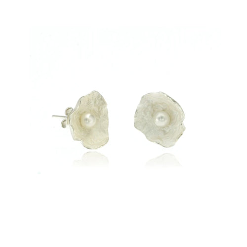 Artisan handcrafted sterling silver stud earrings with genuine freshwater pearls, organic floral design, lightweight contemporary jewelry handcrafted for timeless everyday style.