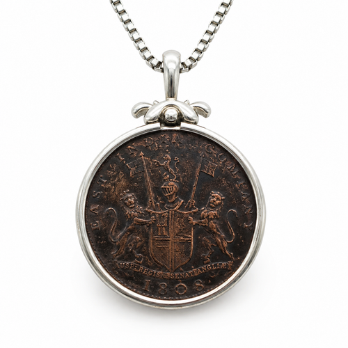 Authentic 1808 East India Company 10 Cash coin pendant necklace in sterling silver showing historic coat of arms.