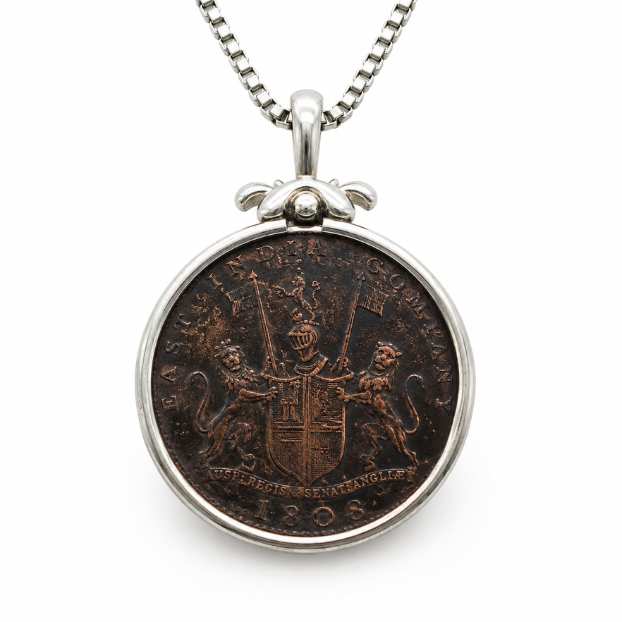 Authentic 1808 East India Company 10 Cash coin pendant necklace in sterling silver showing historic coat of arms.