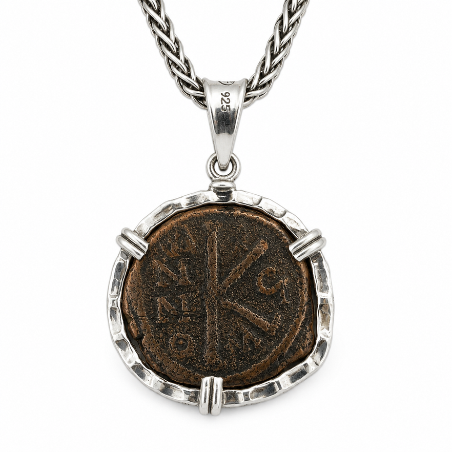 Authentic Byzantine Empire 20 Nummia bronze coin necklace in sterling silver showing denomination mark K.