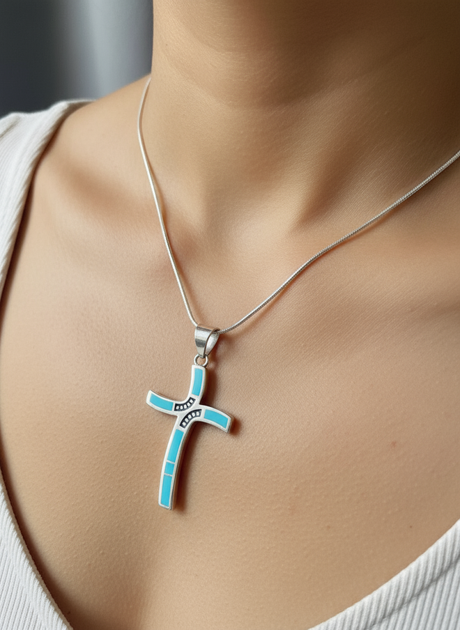 Authentic Navajo Arizona Blue Turquoise cross pendant handcrafted in sterling silver, Native American stone inlay jewelry with sterling silver snake chain.