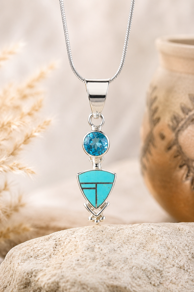 Authentic Navajo Arizona Kingman Turquoise and Blue Topaz pendant necklace handcrafted in sterling silver with genuine Southwest inlay jewelry.