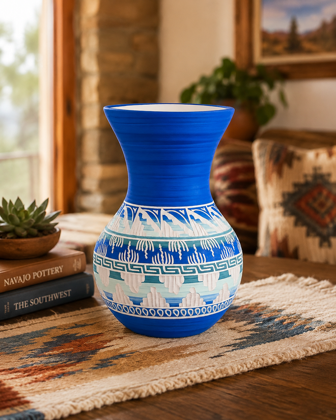 Authentic Navajo carved pottery vase handcrafted by Cassandra King displayed in a Southwestern home. One-of-a-kind blue etched ceramic vase with intricate hand-carved designs for Native American art collectors and home décor.