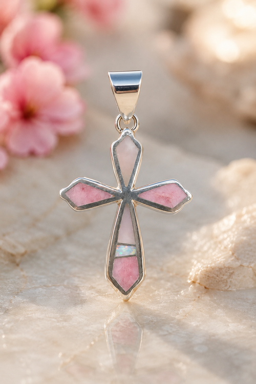 Authentic Navajo Pink Peruvian Opal and White Opal cross pendant handcrafted in sterling silver, Native American stone inlay jewelry from Raku Gallery.
