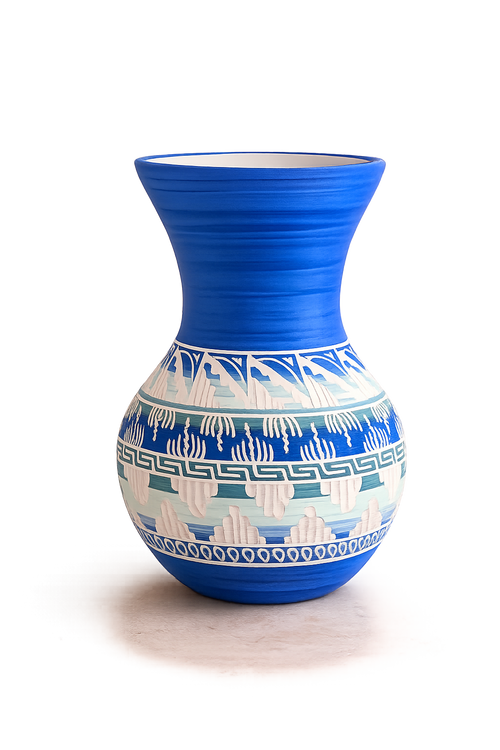One-of-a-kind handmade Navajo pottery by Cassandra King featuring intricate carved white patterns and a vibrant cobalt blue finish. Authentic Native American ceramic vase for Southwestern home décor and art collectors.