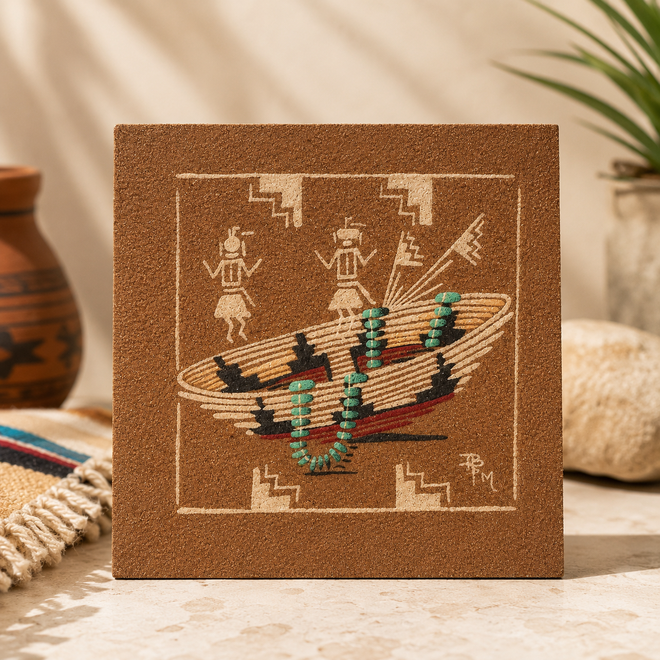 Authentic Navajo sandpainting by Ben Mitchell featuring a traditional wedding basket, Yei figures, and turquoise necklace on an 8x8 handcrafted artwork.