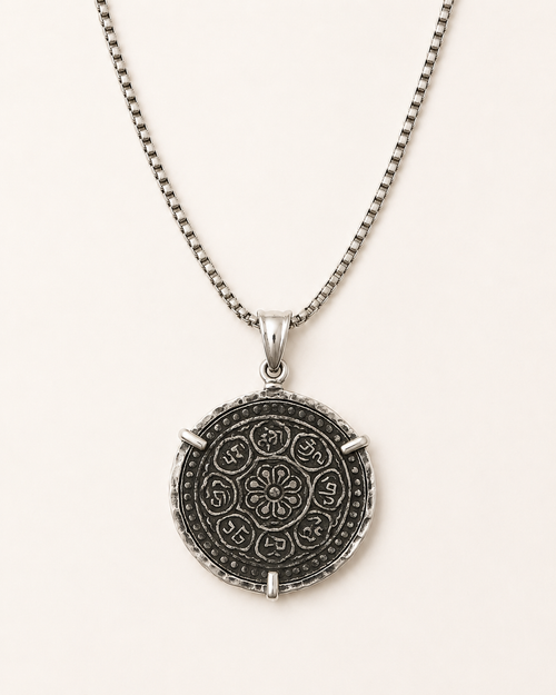 Authentic Tibetan Ga-Den Tangka silver coin necklace set in sterling silver