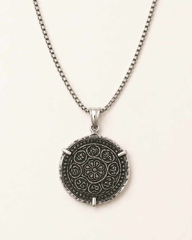 Authentic Tibetan Ga-Den Tangka silver coin necklace set in sterling silver