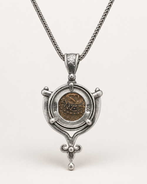 Back view of authentic Widow’s Mite coin necklace showing 925 sterling silver setting