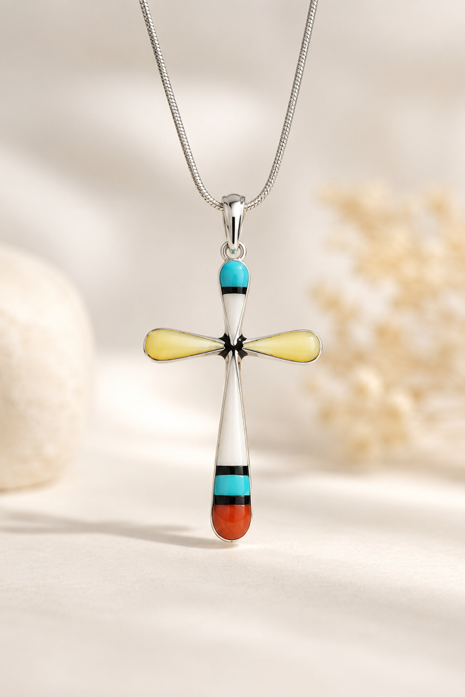 Authentic Zuni inlay cross necklace by Sylvester Noche handcrafted in sterling silver, featuring genuine turquoise, mother of pearl, coral, and shell on a sterling silver snake chain.