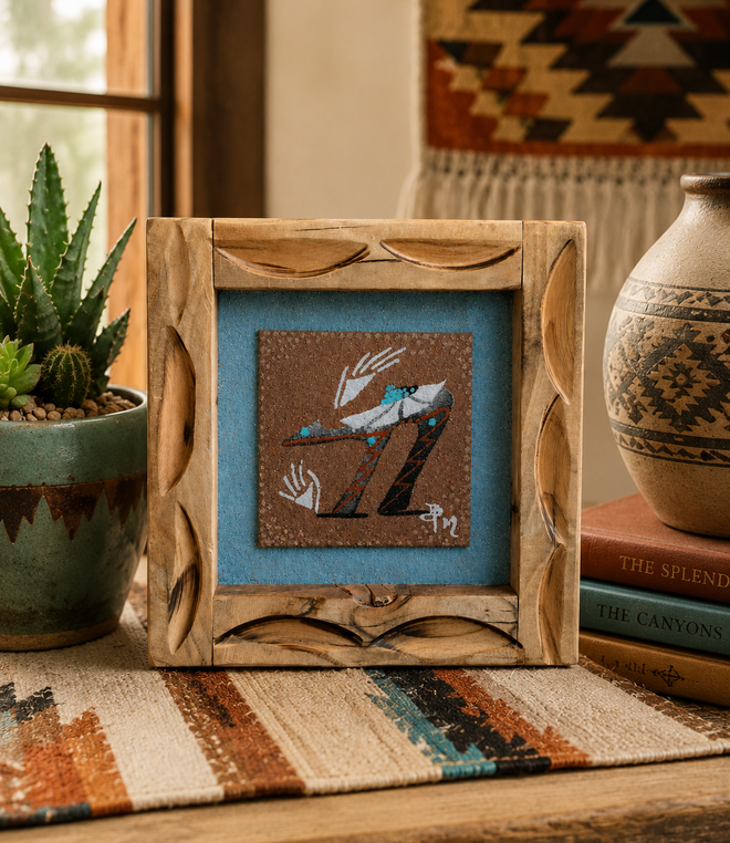 Original Ben Mitchell Navajo sand painting showcased as rustic Southwestern wall décor in a warm interior setting.