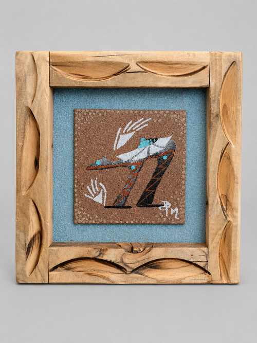 Original Navajo sand painting by Ben Mitchell featuring a Fetish Bear and Bear Claw symbolizing healing, luck, power, and strength in a hand-carved wooden frame.
